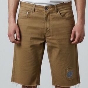 Gap Mens Destructed Khaki Shorts Brown Distressed Raw Hem Button Fly 36x30